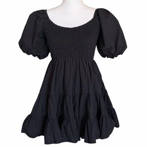Hazel and Olive Puff Sleeve Tiered Ruffle Black Babydoll Mini Dress Sz M